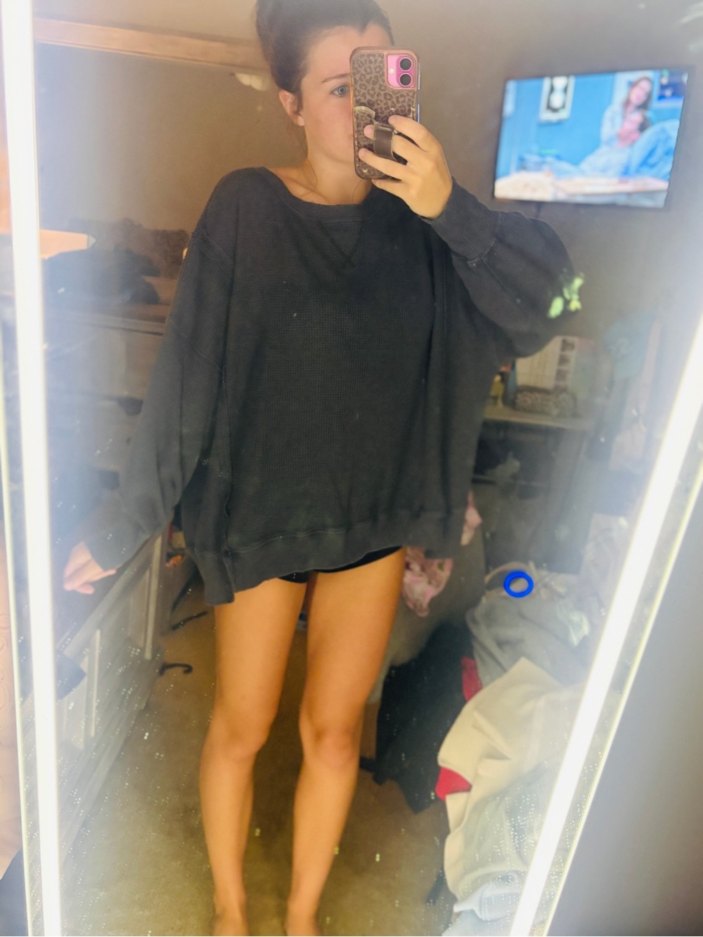 aerie Oversized Black Waffle-Knit Sweatshirt
